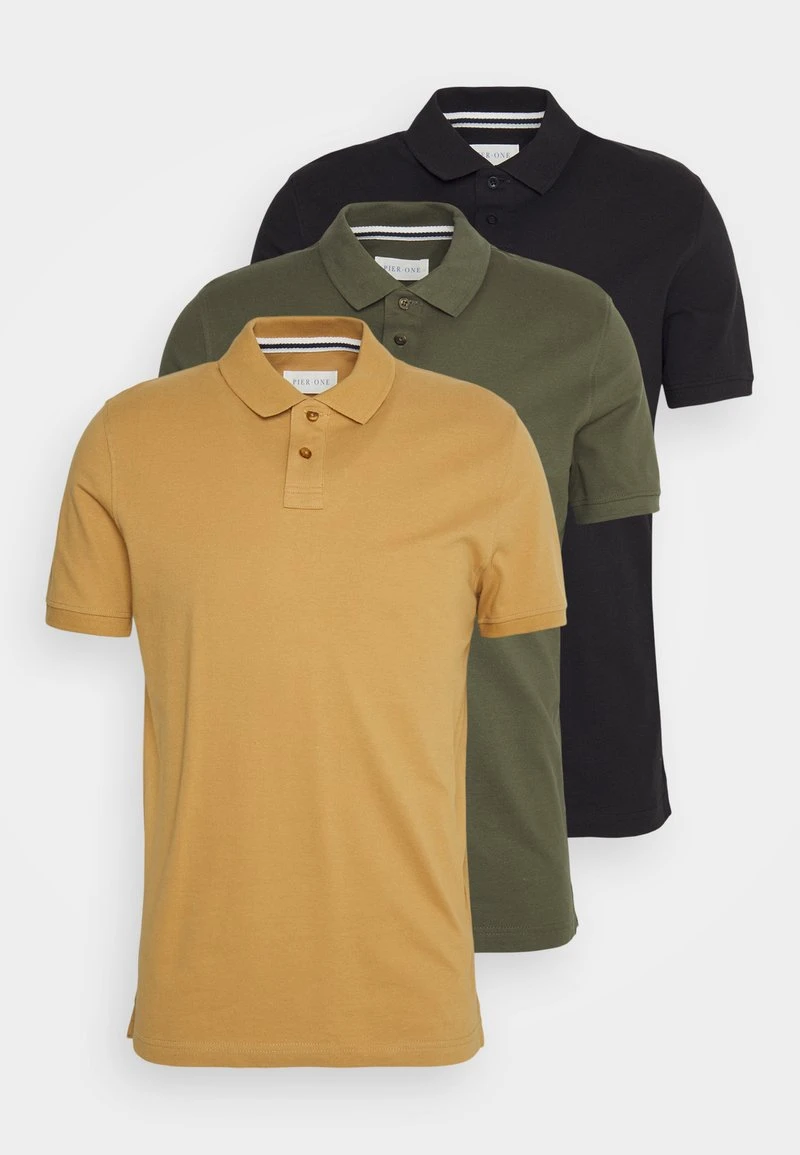 Pier One Uomo 3 PACK - Polo - Camel/khaki/black 3 Pier One Uomo 3 PACK - Polo - Camel/khaki/black